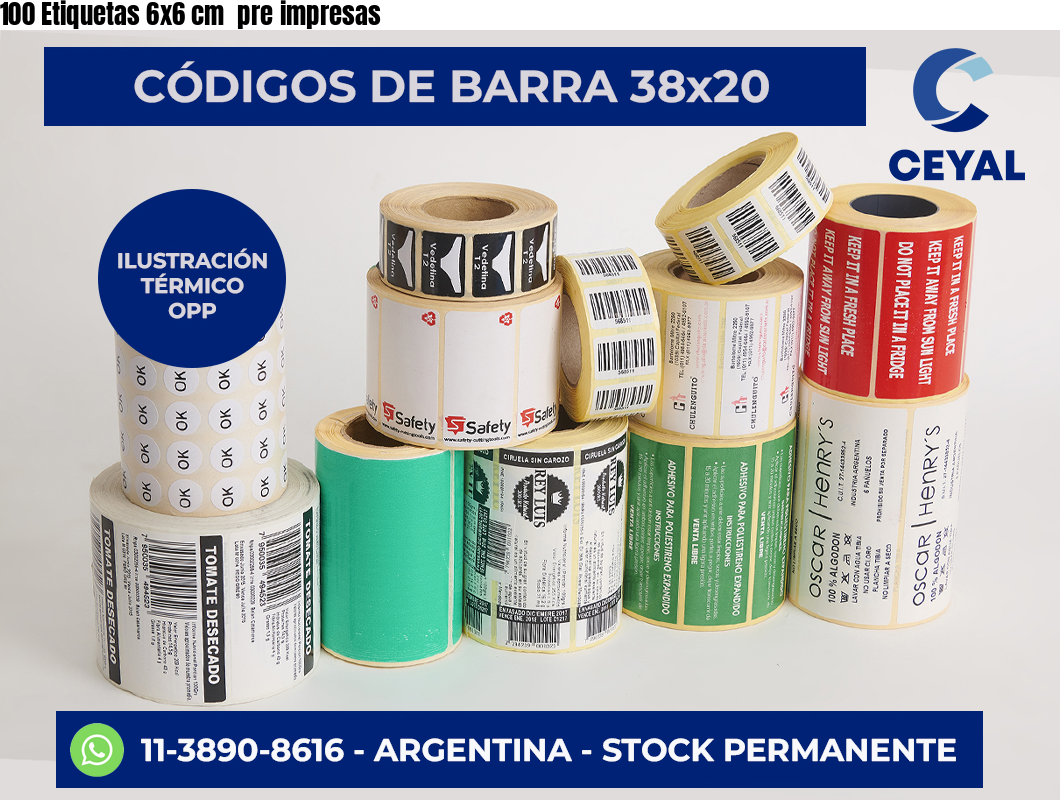 100 Etiquetas 6×6 cm  pre impresas