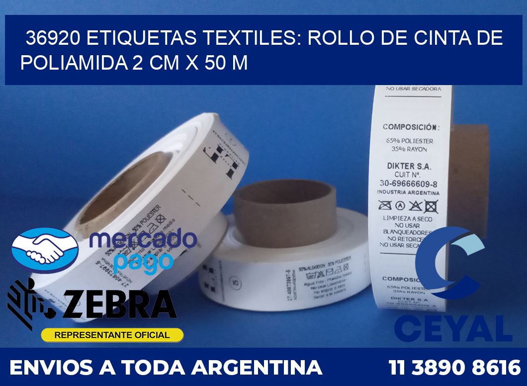 36920 ETIQUETAS TEXTILES: ROLLO DE CINTA DE POLIAMIDA 2 CM X 50 M