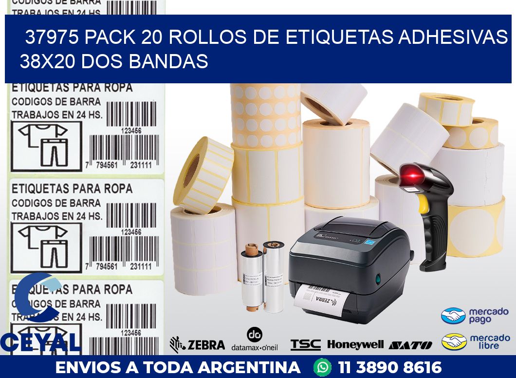 37975 PACK 20 ROLLOS DE ETIQUETAS ADHESIVAS 38X20 DOS BANDAS