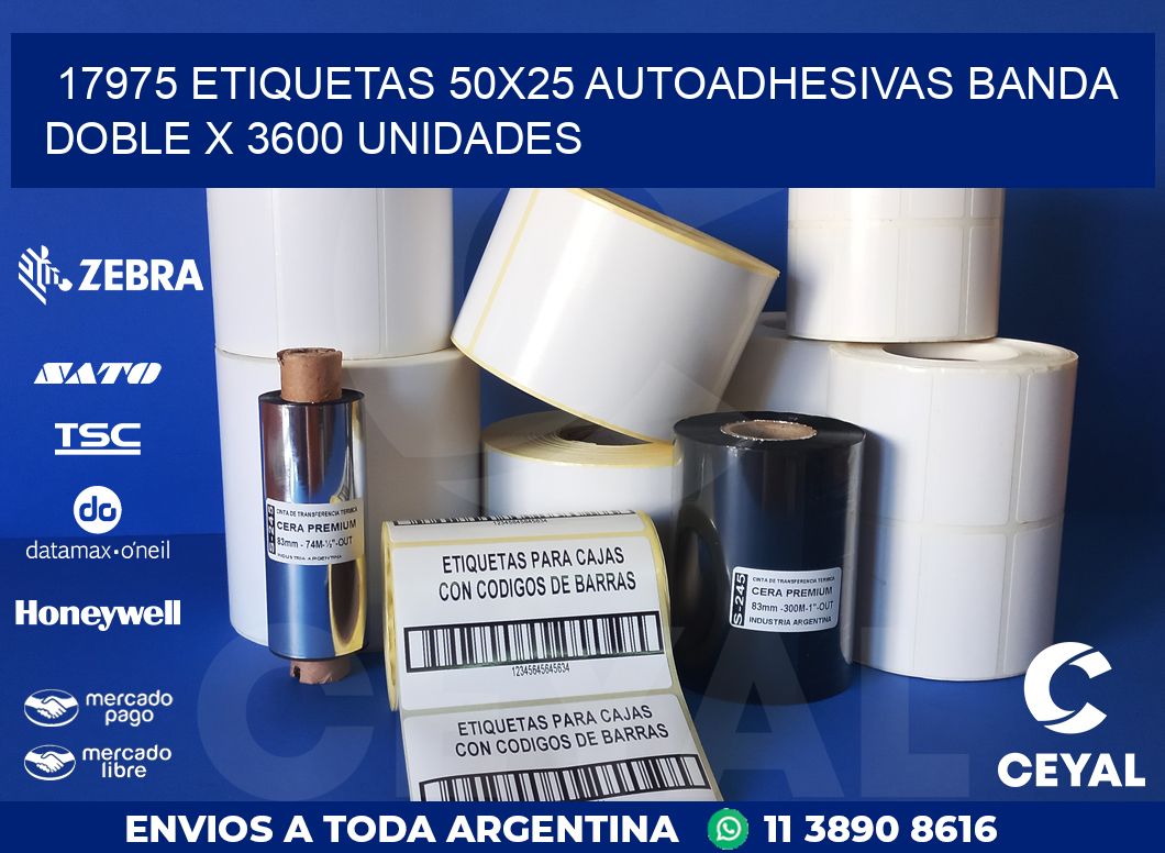 17975 ETIQUETAS 50X25 AUTOADHESIVAS BANDA DOBLE X 3600 UNIDADES