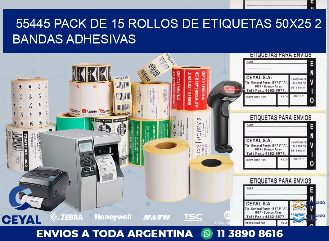 55445 PACK DE 15 ROLLOS DE ETIQUETAS 50X25 2 BANDAS ADHESIVAS