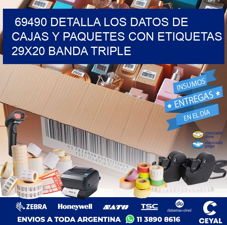 69490 DETALLA LOS DATOS DE CAJAS Y PAQUETES CON ETIQUETAS 29X20 BANDA TRIPLE