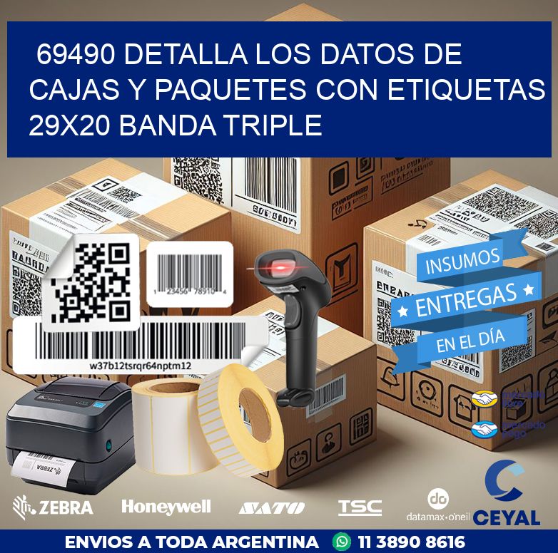 69490 DETALLA LOS DATOS DE CAJAS Y PAQUETES CON ETIQUETAS 29X20 BANDA TRIPLE