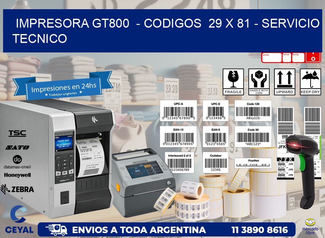 IMPRESORA GT800  - CODIGOS  29 x 81 - SERVICIO TECNICO