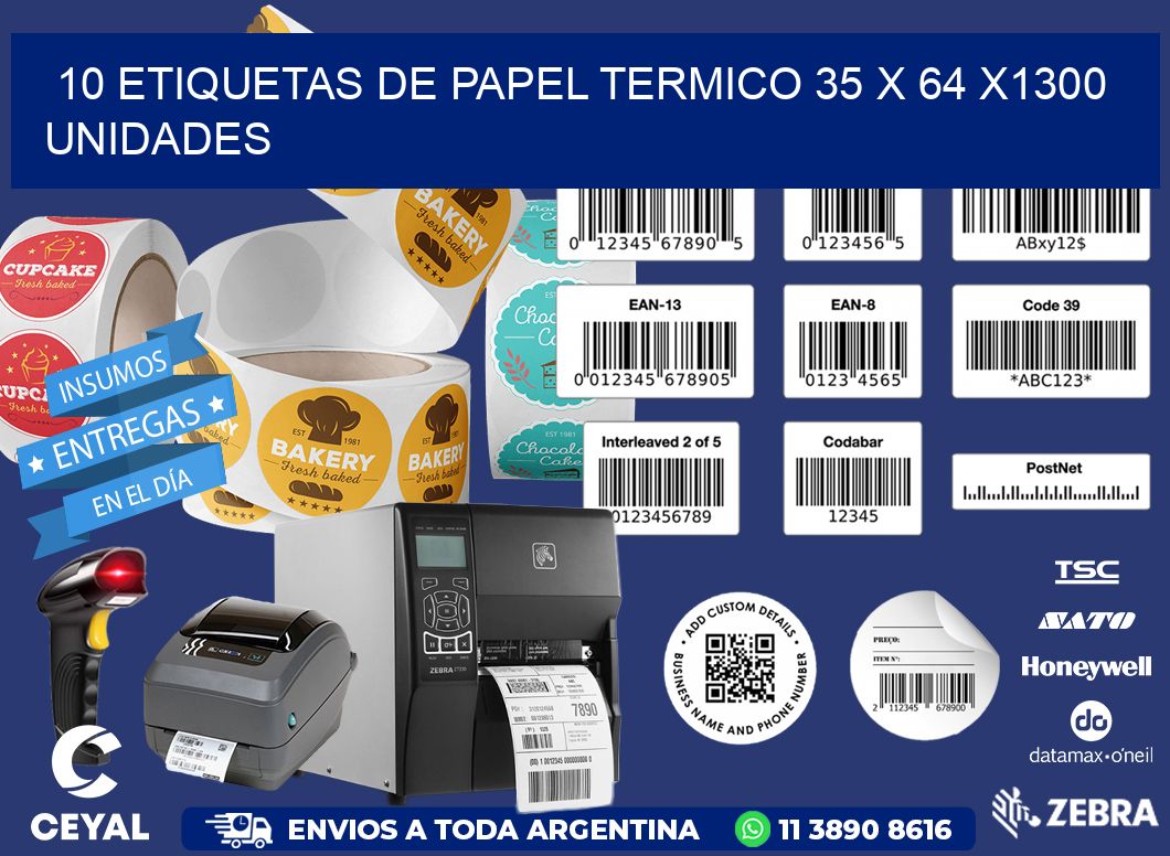 10 ETIQUETAS DE PAPEL TERMICO 35 x 64 X1300 UNIDADES