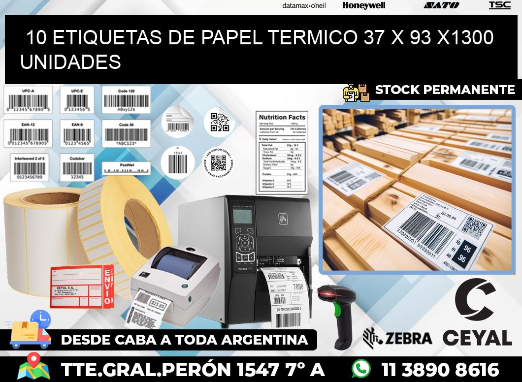 10 ETIQUETAS DE PAPEL TERMICO 37 x 93 X1300 UNIDADES