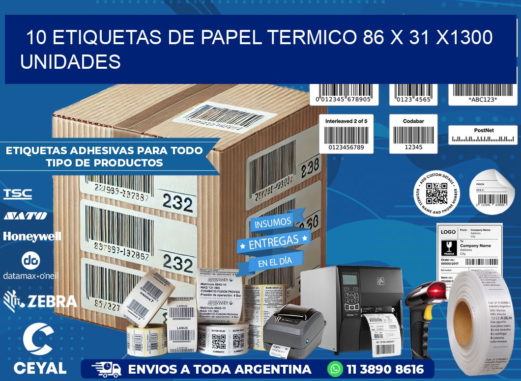 10 ETIQUETAS DE PAPEL TERMICO 86 x 31 X1300 UNIDADES