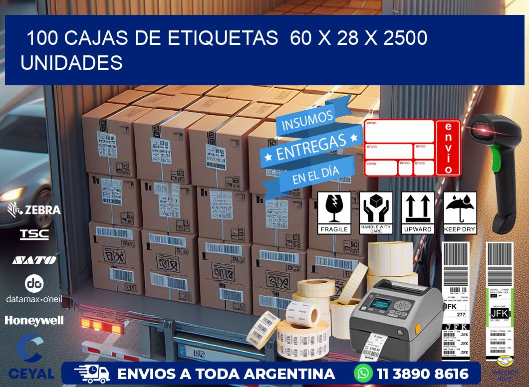 100 CAJAS DE ETIQUETAS  60 x 28 X 2500 UNIDADES