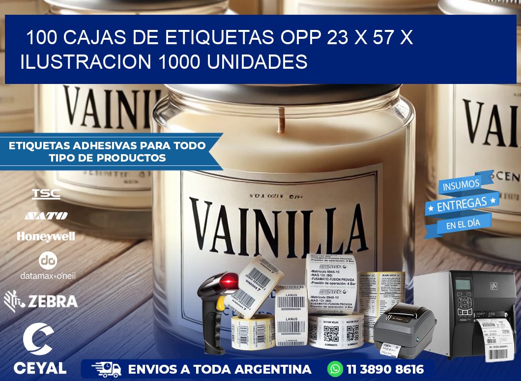 100 CAJAS DE ETIQUETAS OPP 23 x 57 X ILUSTRACION 1000 UNIDADES