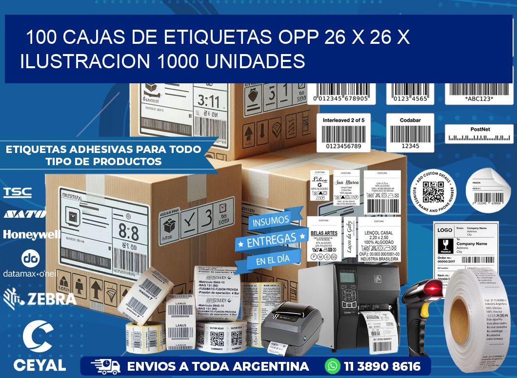 100 CAJAS DE ETIQUETAS OPP 26 x 26 X ILUSTRACION 1000 UNIDADES