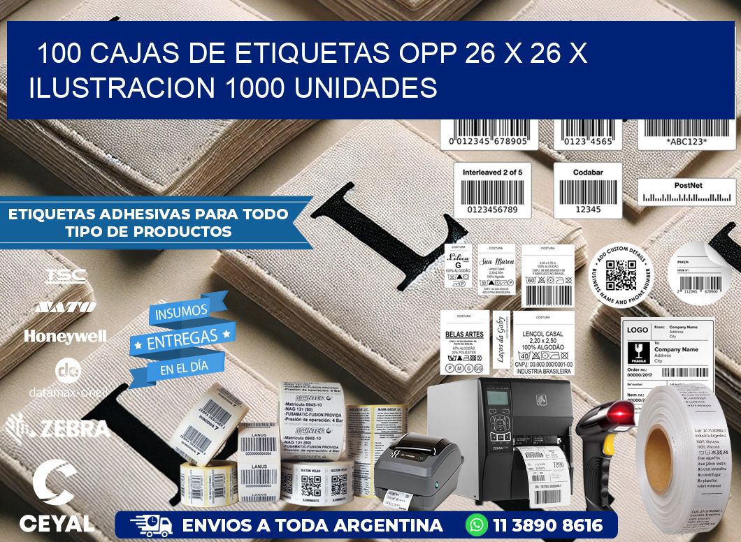 100 CAJAS DE ETIQUETAS OPP 26 x 26 X ILUSTRACION 1000 UNIDADES