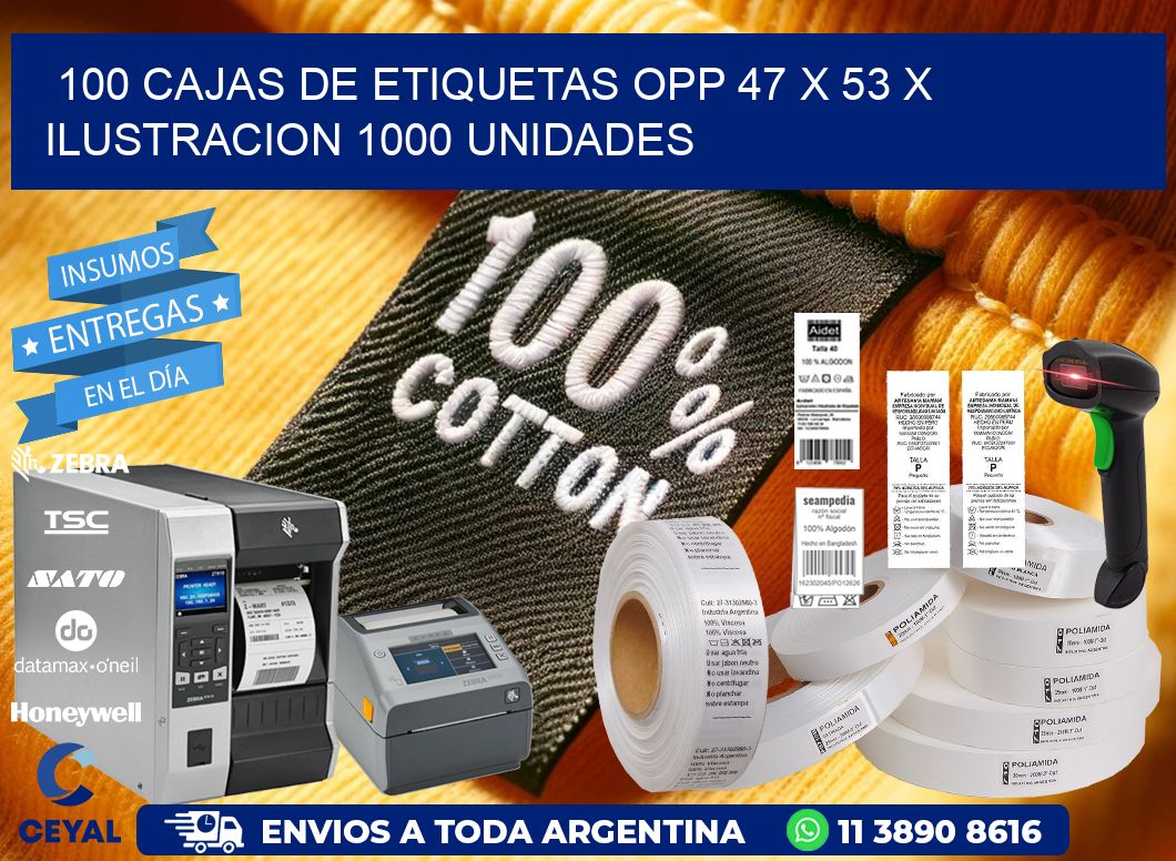 100 CAJAS DE ETIQUETAS OPP 47 x 53 X ILUSTRACION 1000 UNIDADES