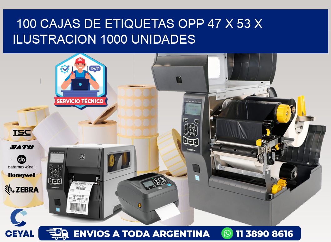 100 CAJAS DE ETIQUETAS OPP 47 x 53 X ILUSTRACION 1000 UNIDADES