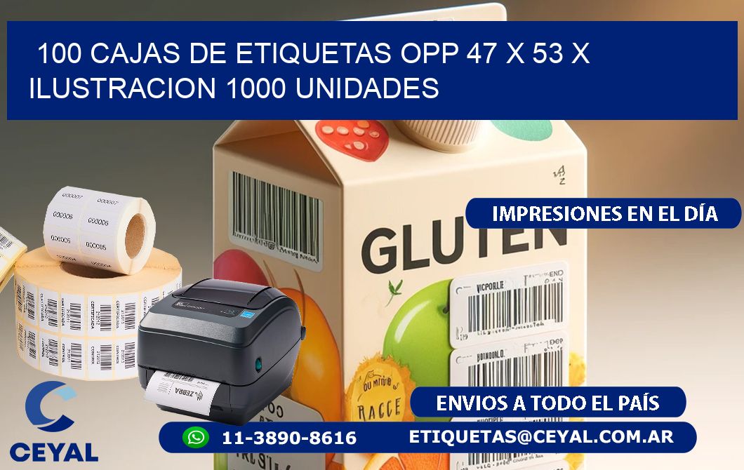 100 CAJAS DE ETIQUETAS OPP 47 x 53 X ILUSTRACION 1000 UNIDADES