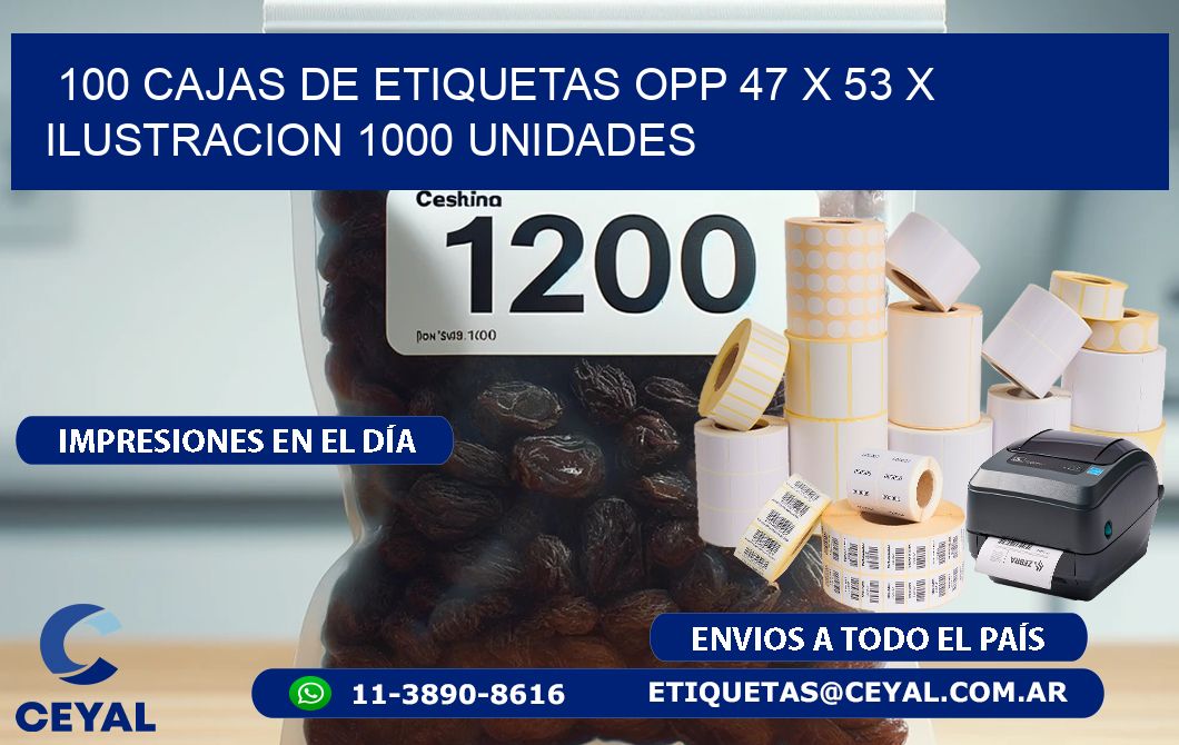 100 CAJAS DE ETIQUETAS OPP 47 x 53 X ILUSTRACION 1000 UNIDADES