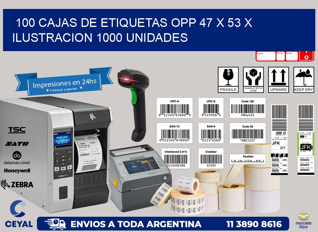 100 CAJAS DE ETIQUETAS OPP 47 x 53 X ILUSTRACION 1000 UNIDADES