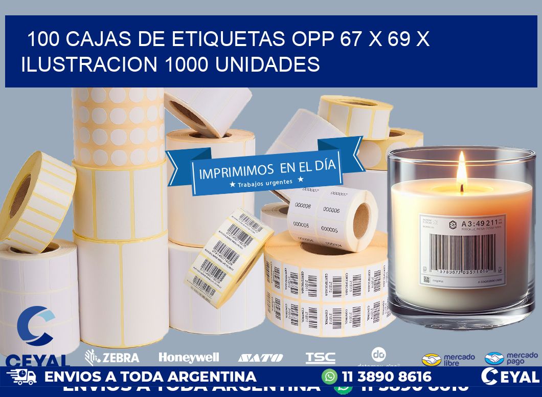 100 CAJAS DE ETIQUETAS OPP 67 x 69 X ILUSTRACION 1000 UNIDADES