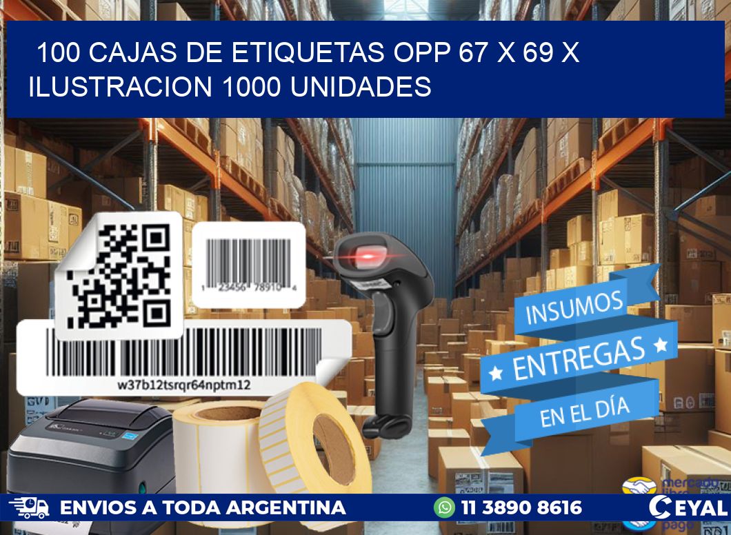 100 CAJAS DE ETIQUETAS OPP 67 x 69 X ILUSTRACION 1000 UNIDADES