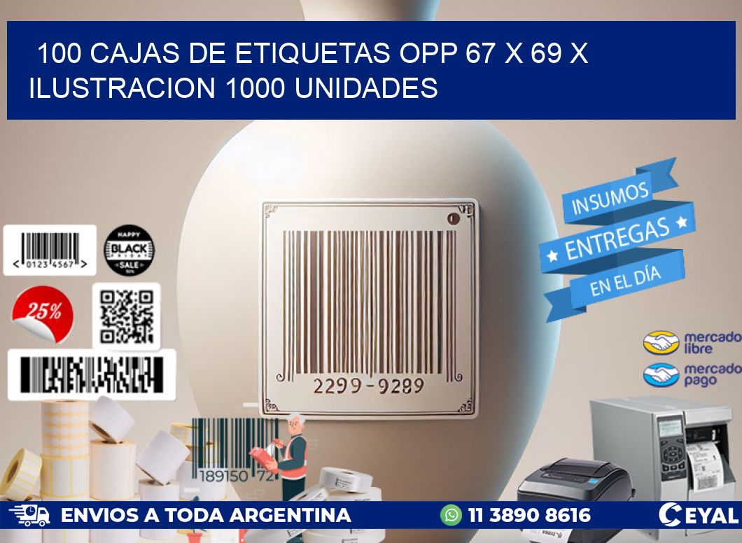 100 CAJAS DE ETIQUETAS OPP 67 x 69 X ILUSTRACION 1000 UNIDADES