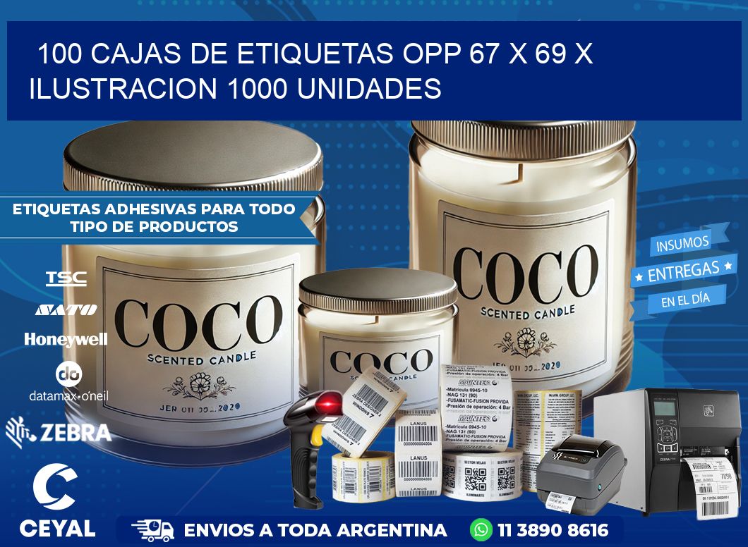 100 CAJAS DE ETIQUETAS OPP 67 x 69 X ILUSTRACION 1000 UNIDADES