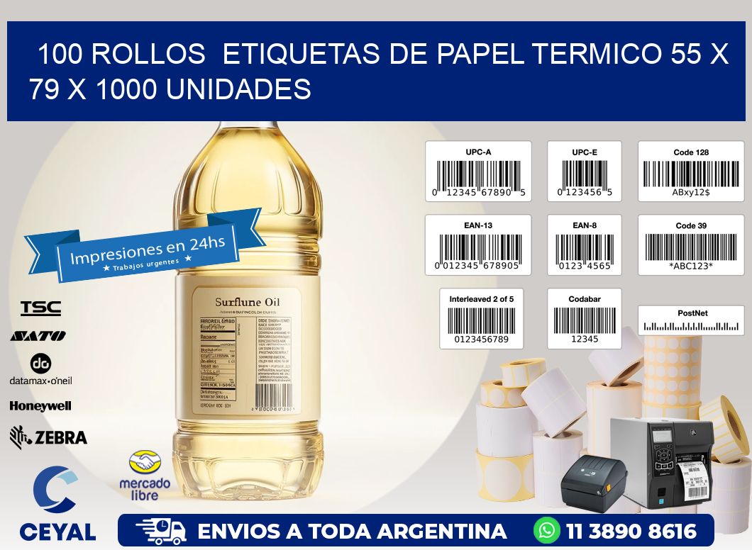 100 ROLLOS  ETIQUETAS DE PAPEL TERMICO 55 x 79 X 1000 UNIDADES