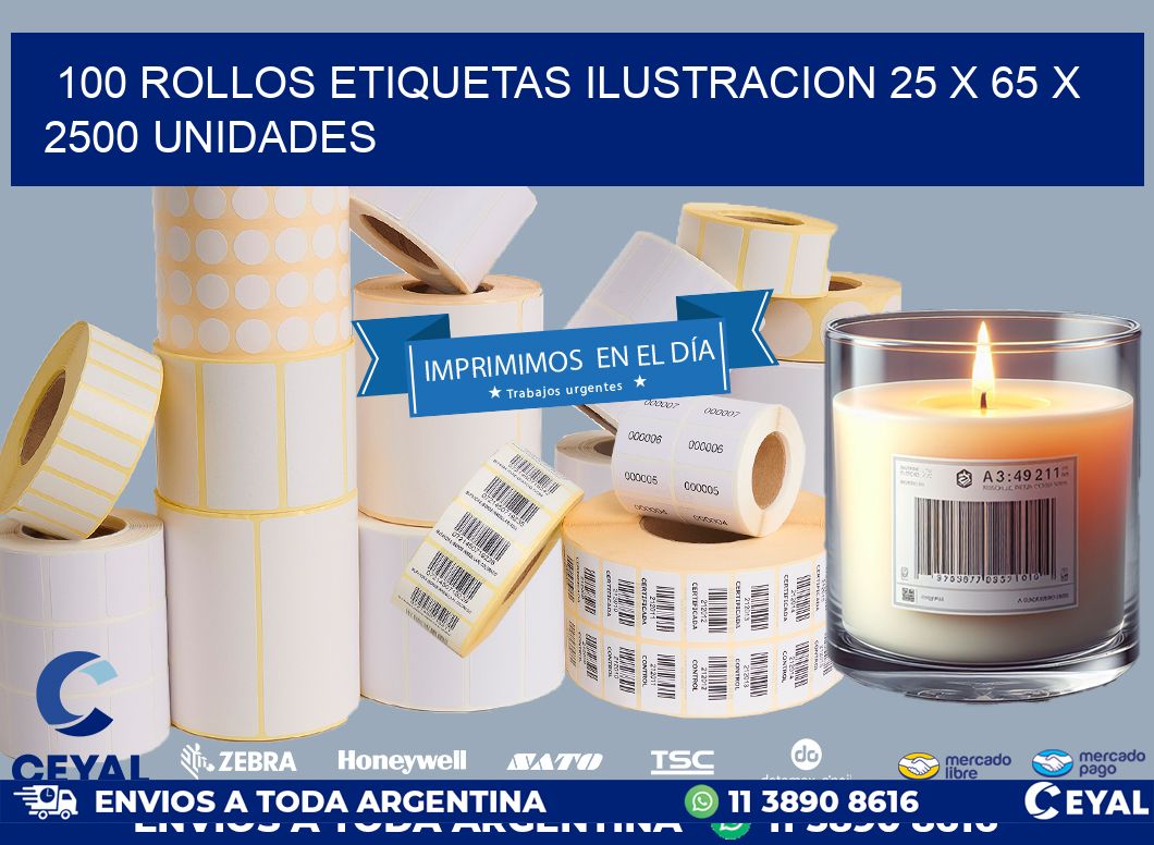 100 ROLLOS ETIQUETAS ILUSTRACION 25 x 65 X 2500 UNIDADES