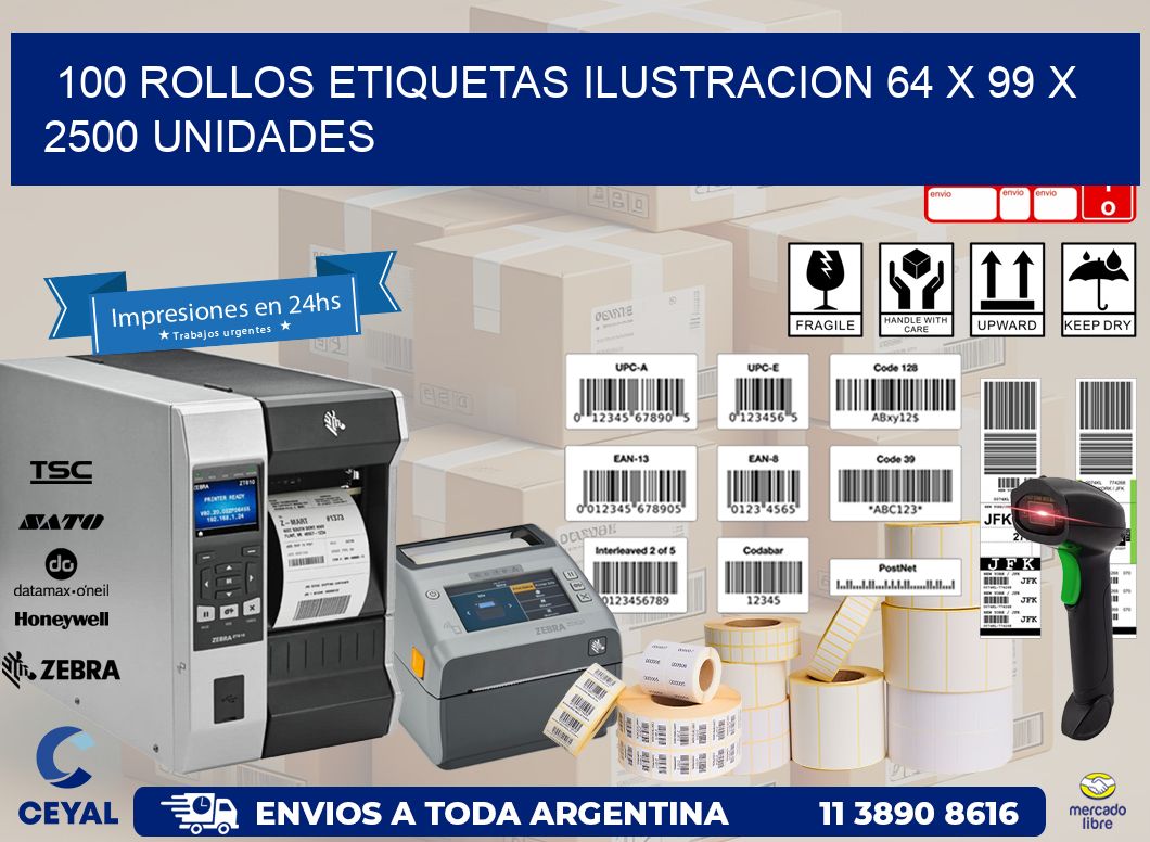 100 ROLLOS ETIQUETAS ILUSTRACION 64 x 99 X 2500 UNIDADES