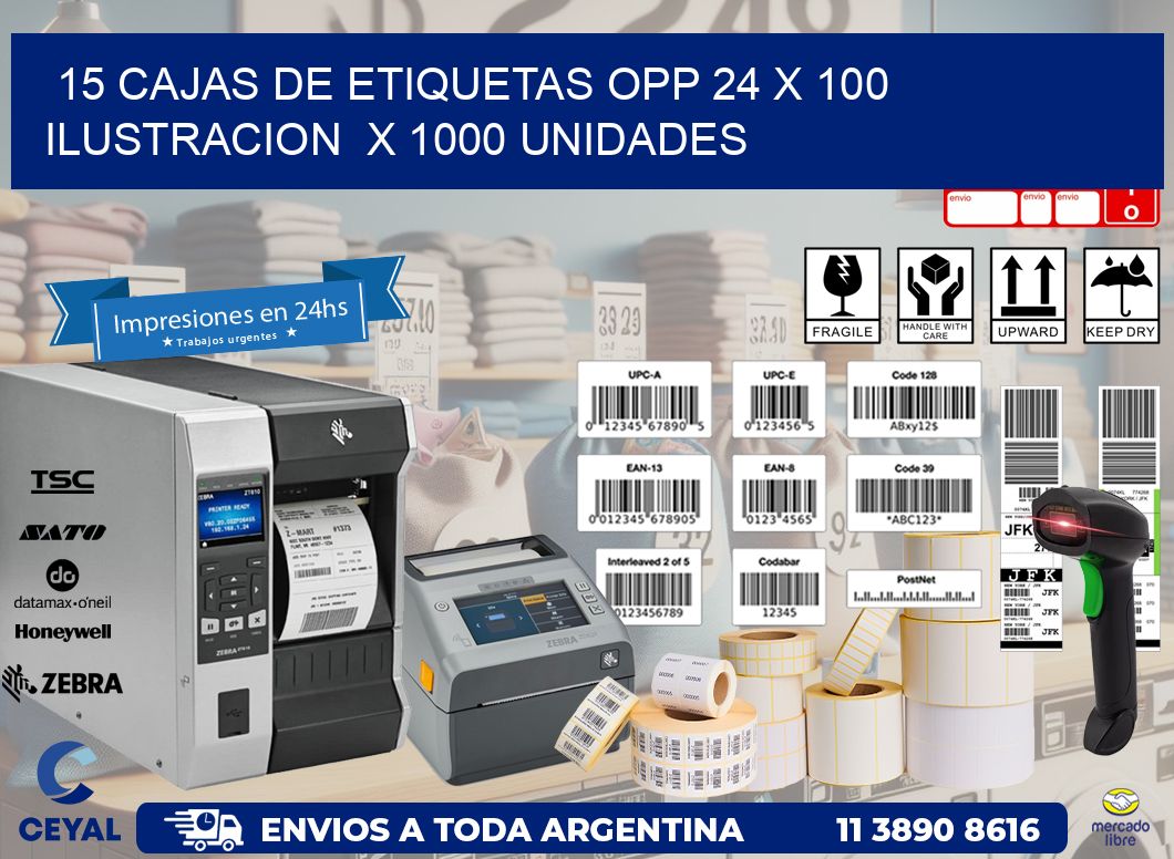 15 CAJAS DE ETIQUETAS OPP 24 x 100 ILUSTRACION  X 1000 UNIDADES