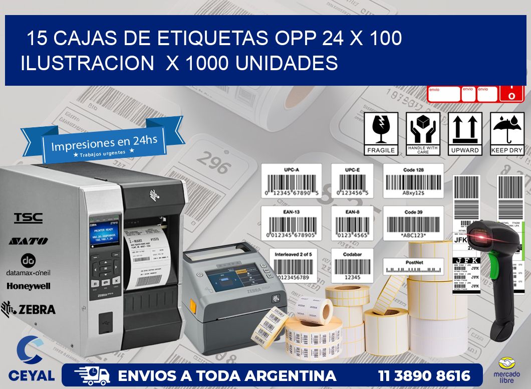 15 CAJAS DE ETIQUETAS OPP 24 x 100 ILUSTRACION  X 1000 UNIDADES