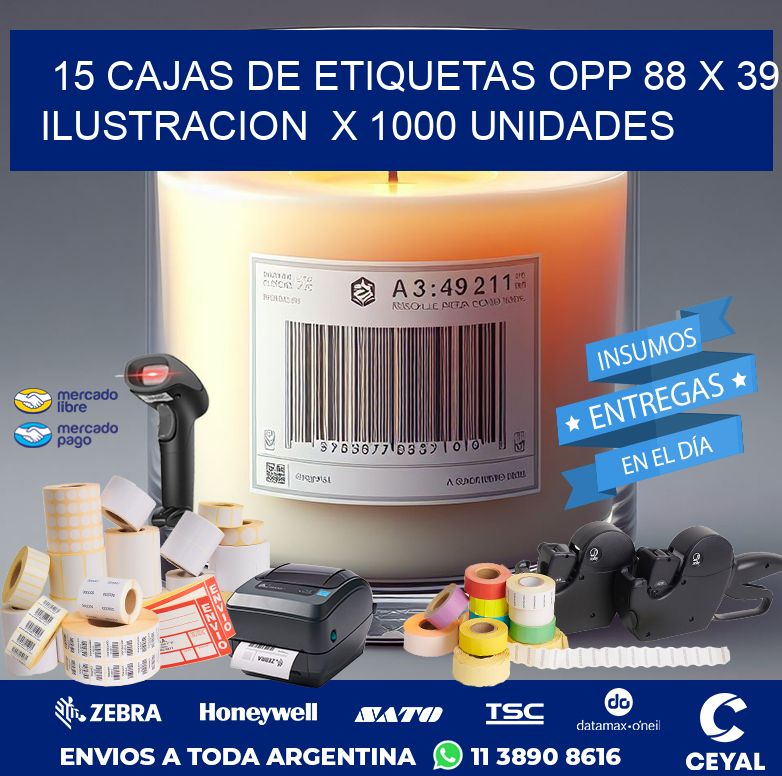 15 CAJAS DE ETIQUETAS OPP 88 x 39 ILUSTRACION  X 1000 UNIDADES