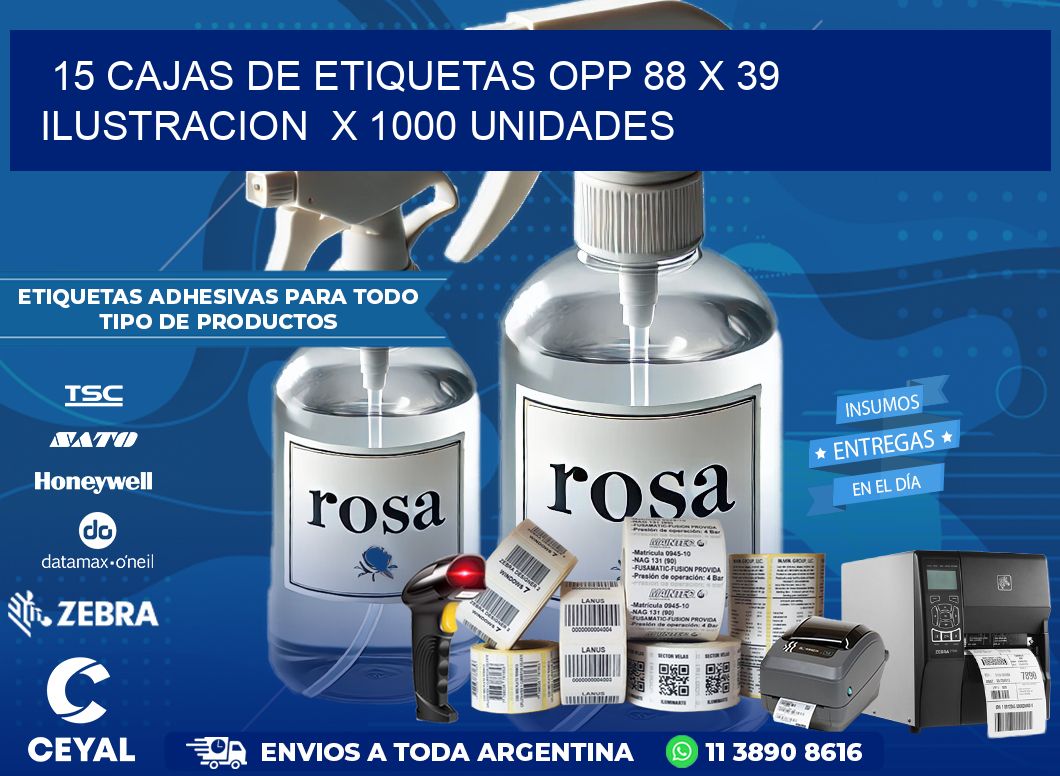 15 CAJAS DE ETIQUETAS OPP 88 x 39 ILUSTRACION  X 1000 UNIDADES