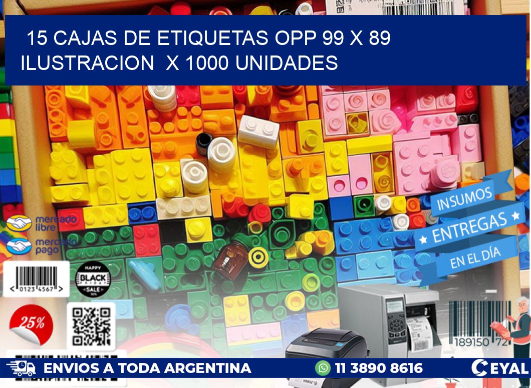 15 CAJAS DE ETIQUETAS OPP 99 x 89 ILUSTRACION  X 1000 UNIDADES