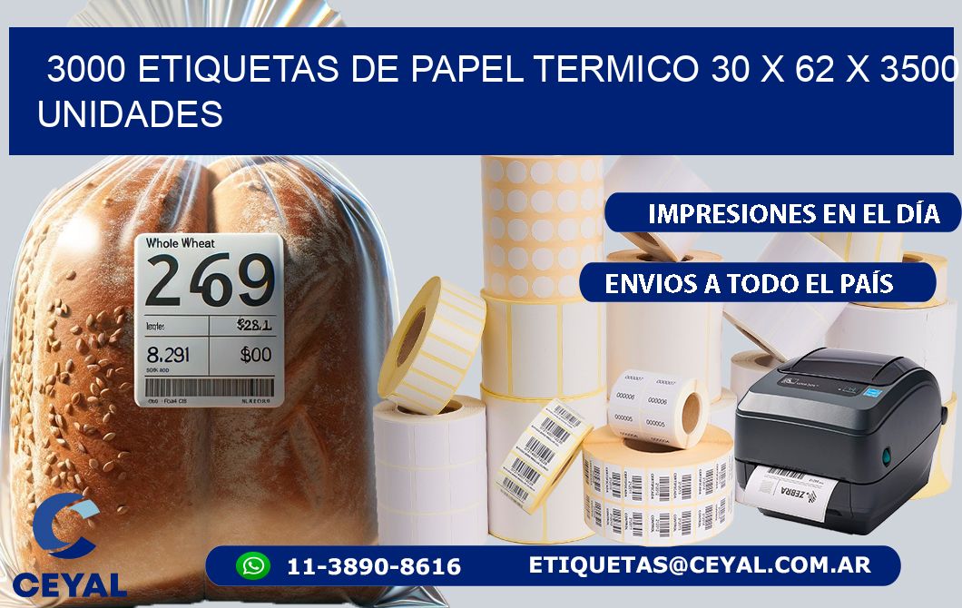 3000 ETIQUETAS DE PAPEL TERMICO 30 x 62 X 3500 UNIDADES