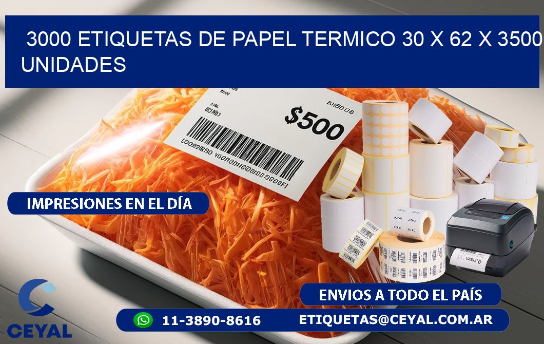 3000 ETIQUETAS DE PAPEL TERMICO 30 x 62 X 3500 UNIDADES