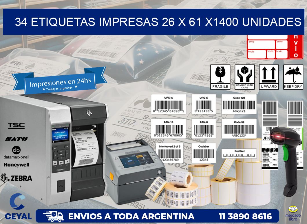 34 ETIQUETAS IMPRESAS 26 x 61 X1400 UNIDADES