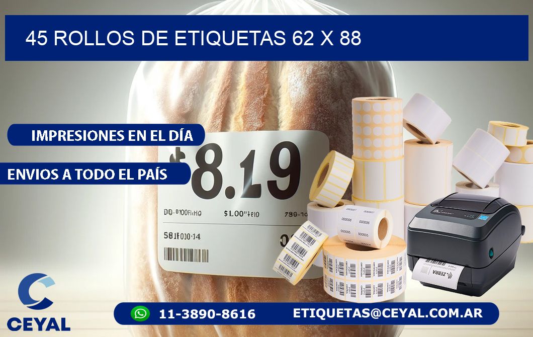 45 ROLLOS DE ETIQUETAS 62 x 88