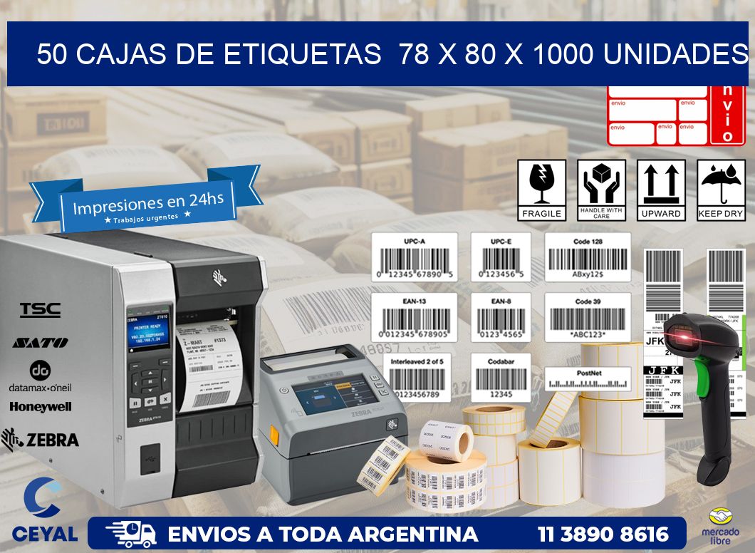 50 CAJAS DE ETIQUETAS  78 x 80 X 1000 UNIDADES