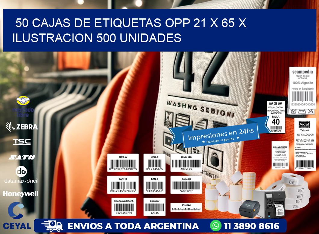 50 CAJAS DE ETIQUETAS OPP 21 x 65 X ILUSTRACION 500 UNIDADES