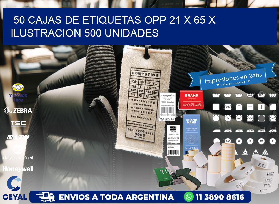 50 CAJAS DE ETIQUETAS OPP 21 x 65 X ILUSTRACION 500 UNIDADES