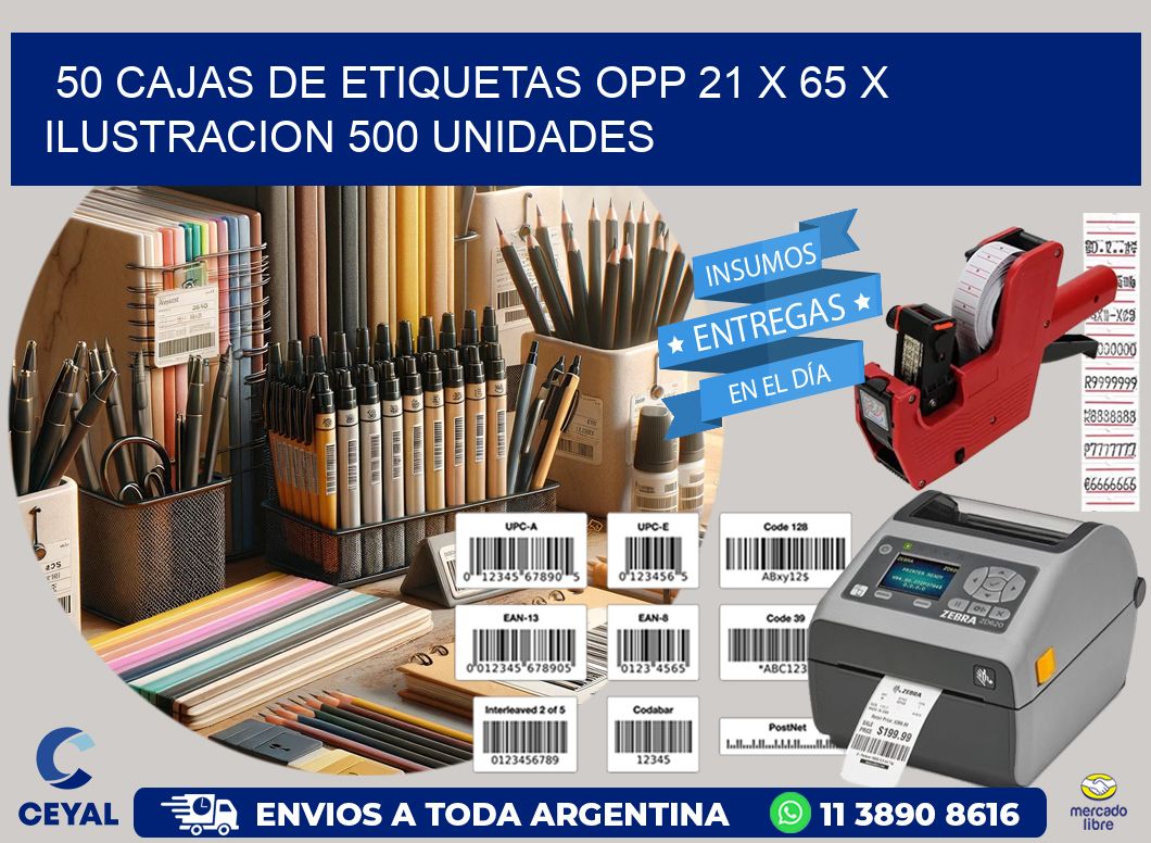 50 CAJAS DE ETIQUETAS OPP 21 x 65 X ILUSTRACION 500 UNIDADES