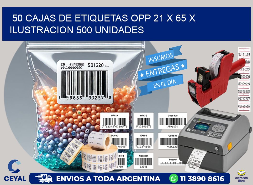 50 CAJAS DE ETIQUETAS OPP 21 x 65 X ILUSTRACION 500 UNIDADES