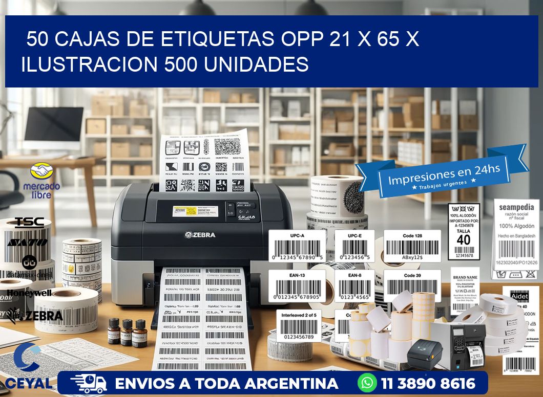 50 CAJAS DE ETIQUETAS OPP 21 x 65 X ILUSTRACION 500 UNIDADES