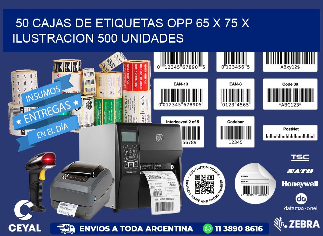 50 CAJAS DE ETIQUETAS OPP 65 x 75 X ILUSTRACION 500 UNIDADES