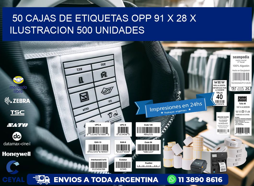 50 CAJAS DE ETIQUETAS OPP 91 x 28 X ILUSTRACION 500 UNIDADES