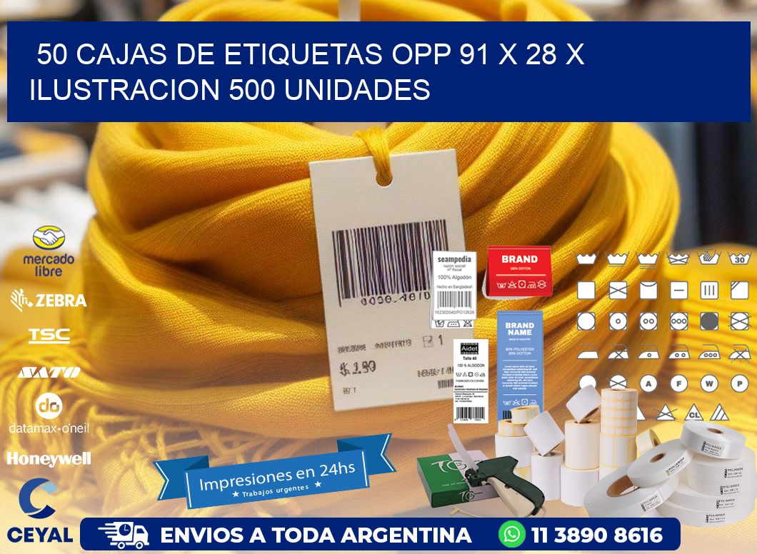 50 CAJAS DE ETIQUETAS OPP 91 x 28 X ILUSTRACION 500 UNIDADES