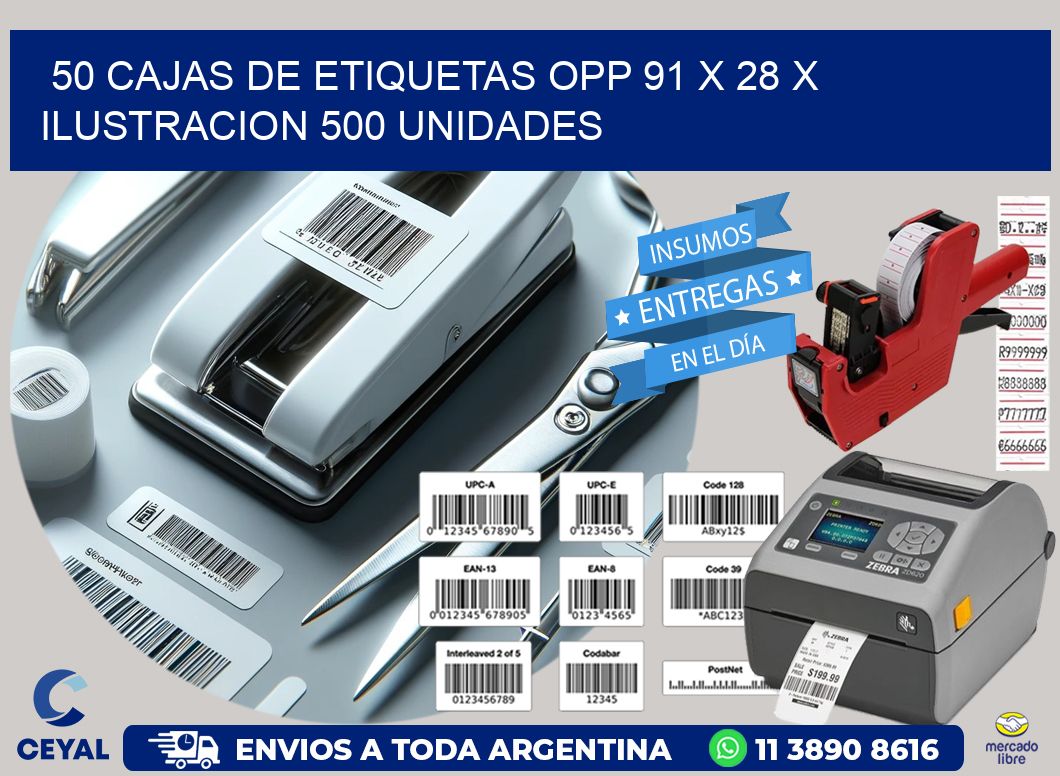 50 CAJAS DE ETIQUETAS OPP 91 x 28 X ILUSTRACION 500 UNIDADES