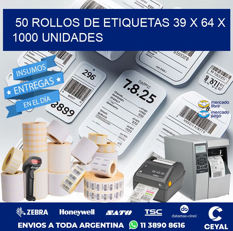 50 ROLLOS DE ETIQUETAS 39 x 64 X 1000 UNIDADES