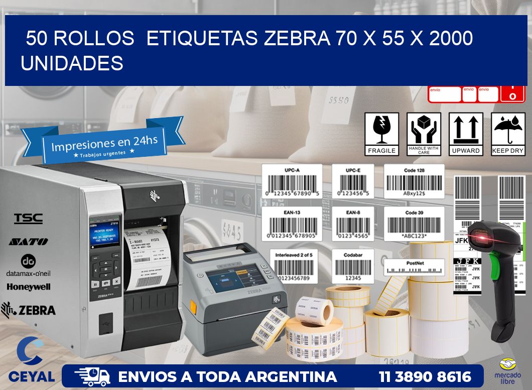 50 ROLLOS  ETIQUETAS ZEBRA 70 x 55 X 2000 UNIDADES