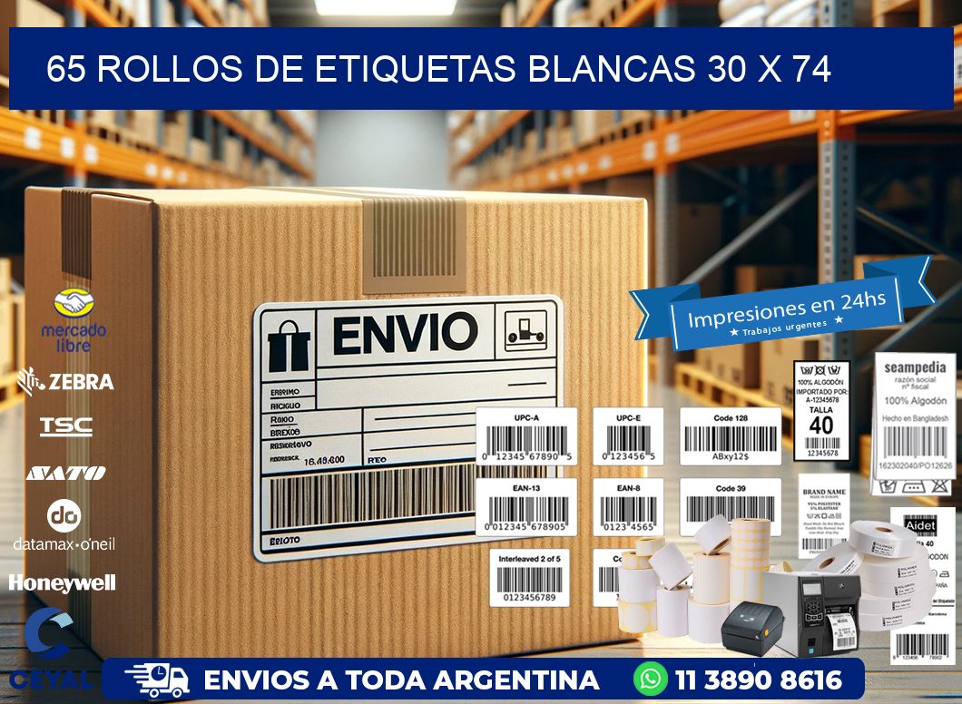 65 ROLLOS DE ETIQUETAS BLANCAS 30 x 74