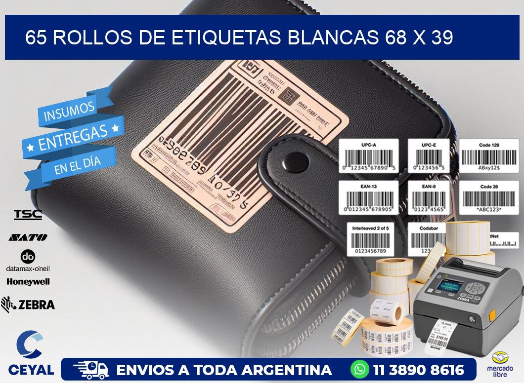 65 ROLLOS DE ETIQUETAS BLANCAS 68 x 39